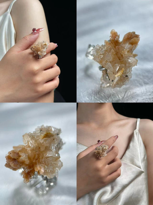Orange Gypsum Crystal Cluster Ring