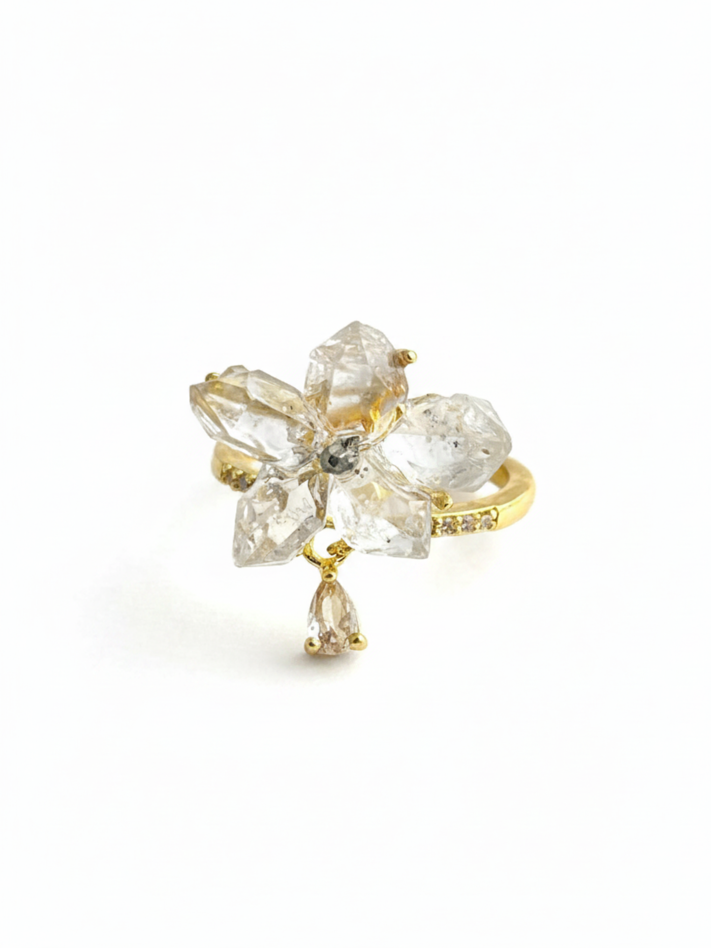 Hakima Diamond Quartz and Peruvian Chalcopyrite flower ring front view