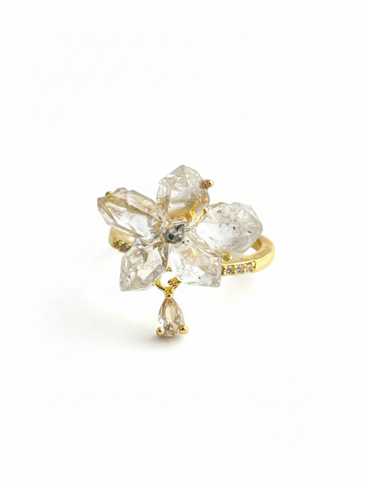 Hakima Diamond Quartz and Peruvian Chalcopyrite flower ring front view