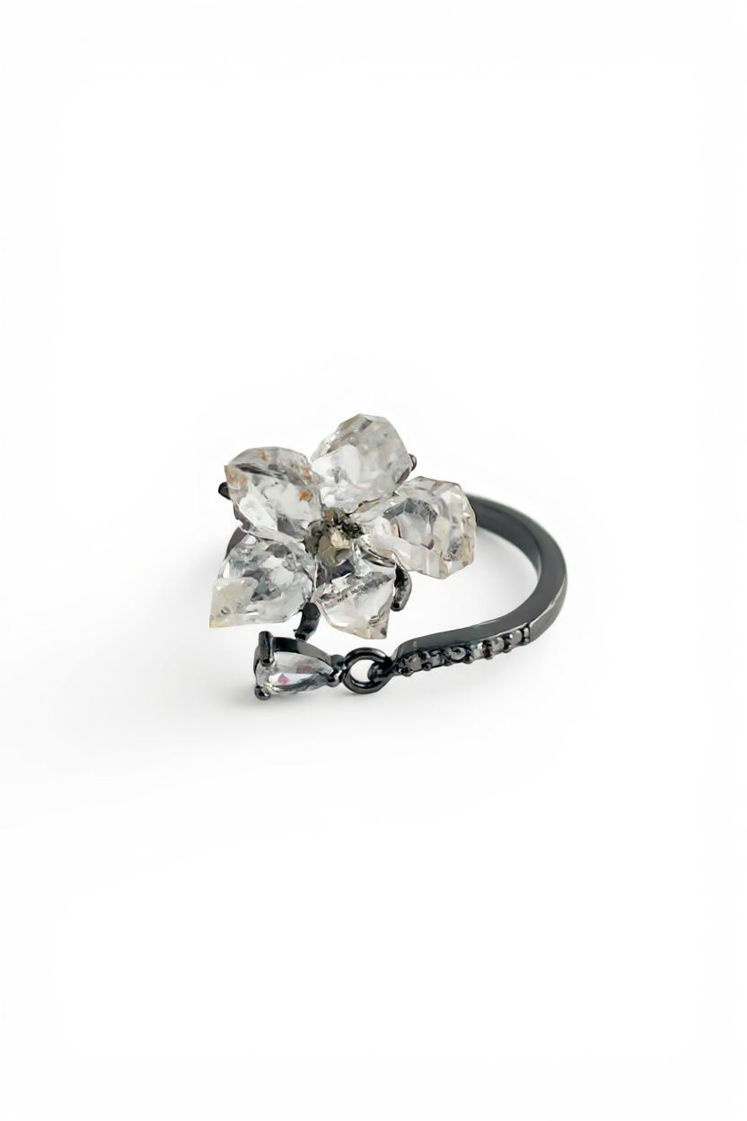 Hakima Diamond Quartz and Peruvian Chalcopyrite flower ring front view