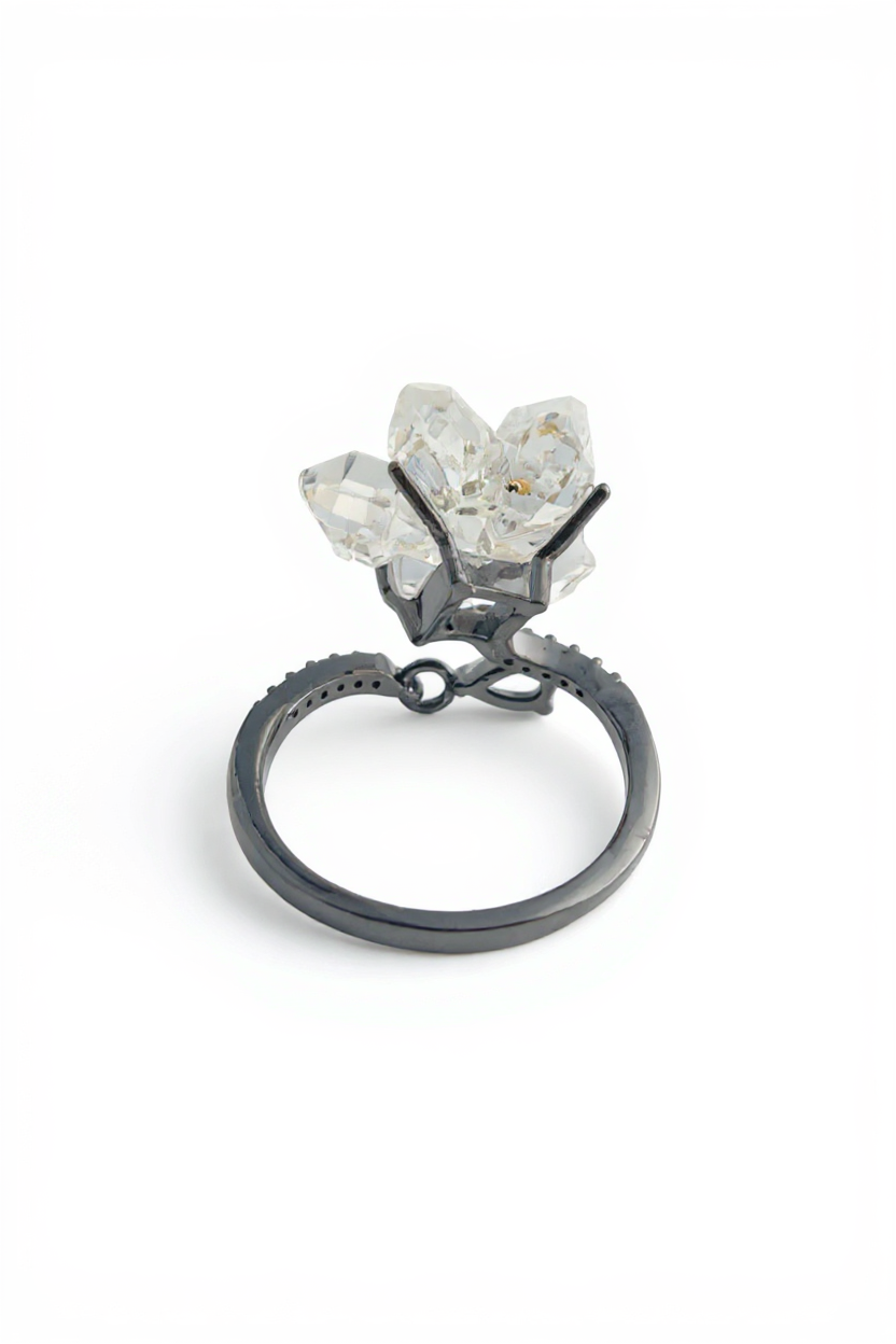 Back view of adjustable Hakima Diamond Quartz flower ring
