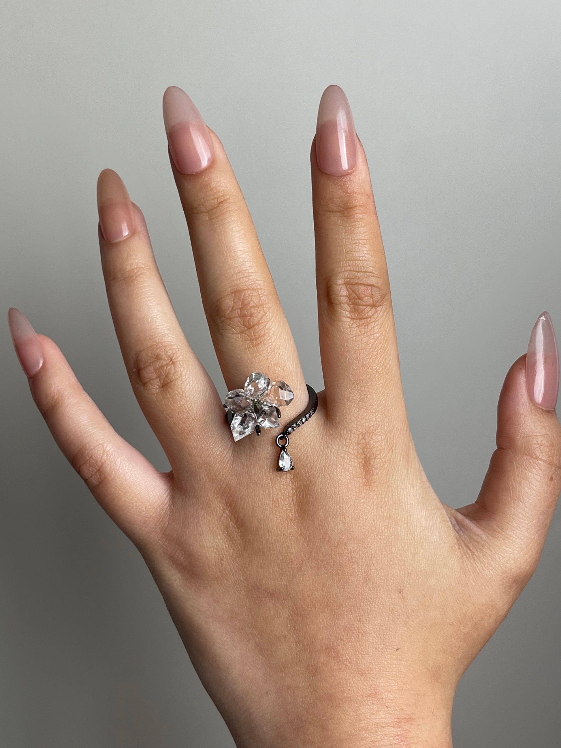 Hakima Diamond Quartz and Peruvian Chalcopyrite flower ring worn on hand