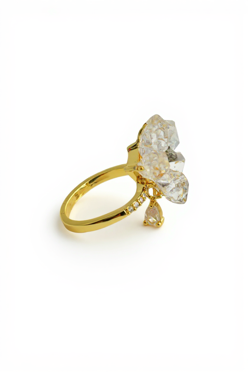 Side view of Hakima Diamond Quartz and Chalcopyrite flower ring