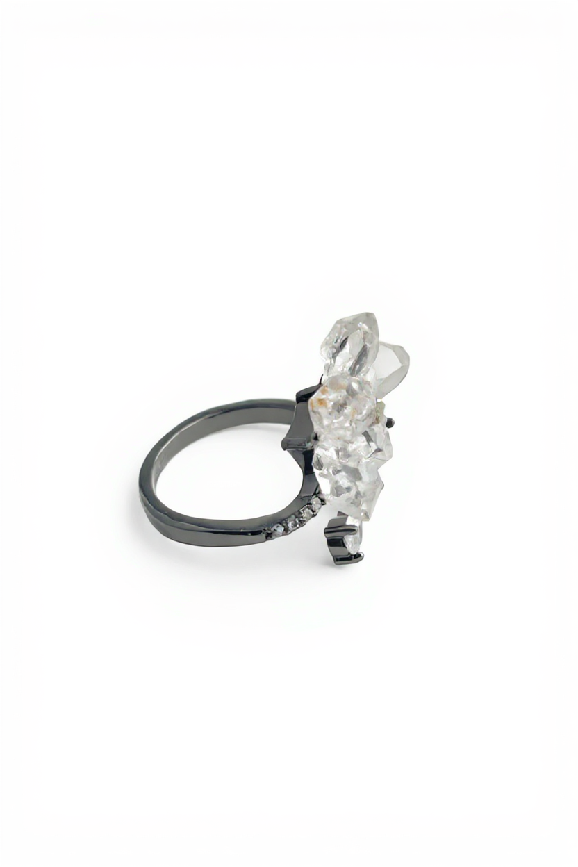 Side view of Hakima Diamond Quartz and Chalcopyrite flower ring