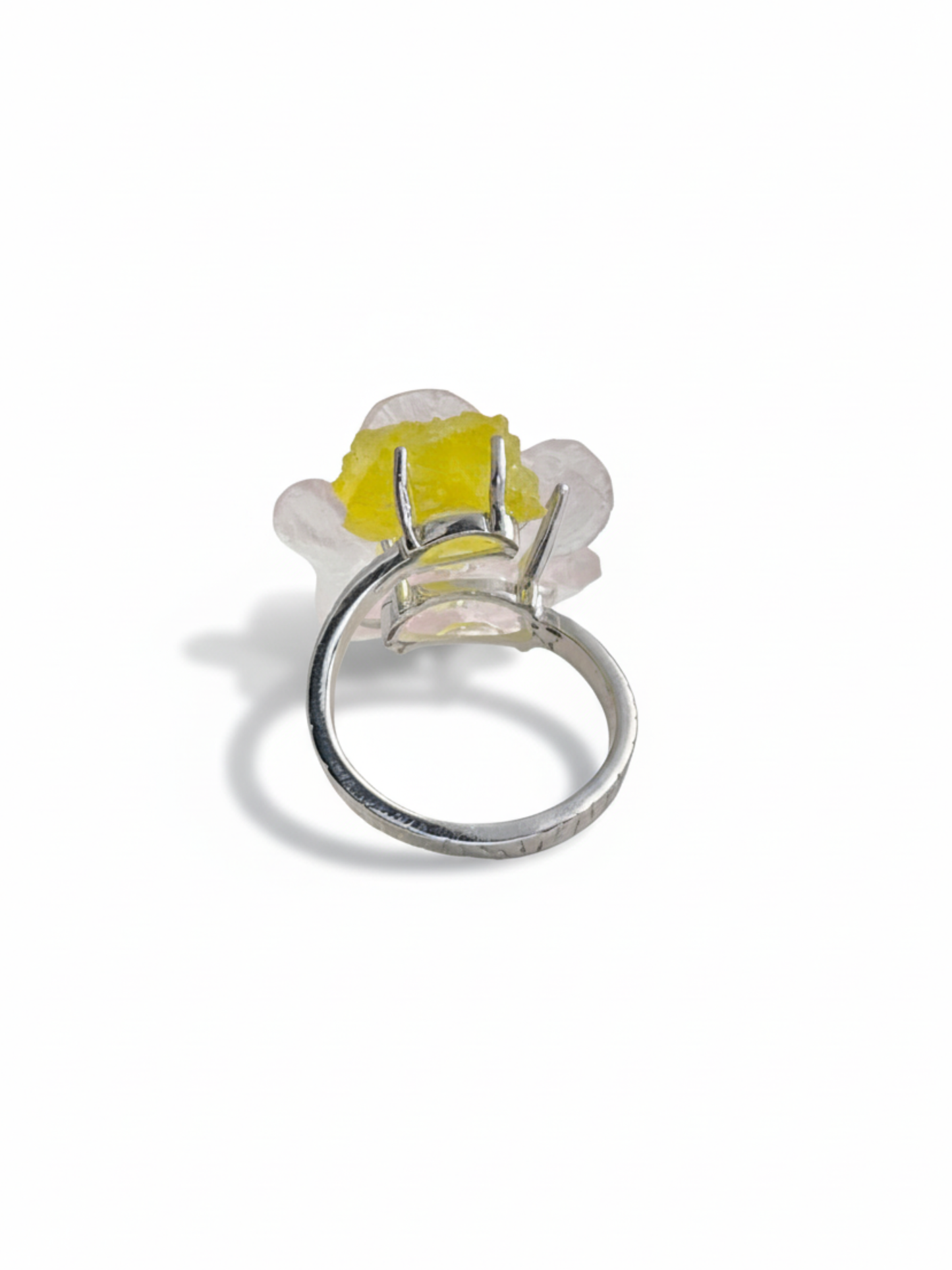 Back view of hand-carved Rose Quartz flower ring with Brucite