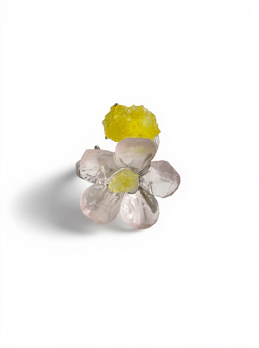 Hand-carved Rose Quartz flower ring with Brucite front view