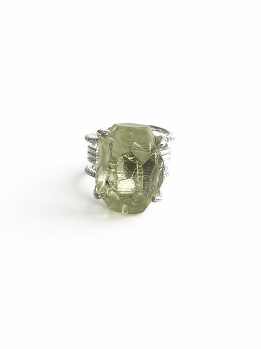 Hand-cut Brazilian citrine ring front view with warm yellow freeform quartz stone