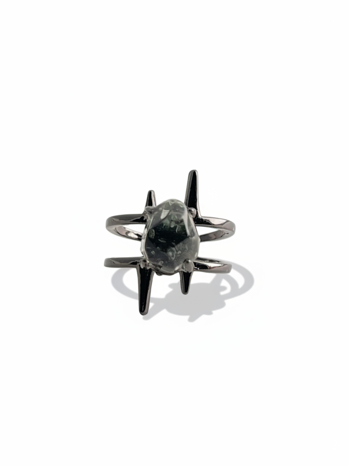 Hand-cut Green Quartz ring front view in black rhodium setting