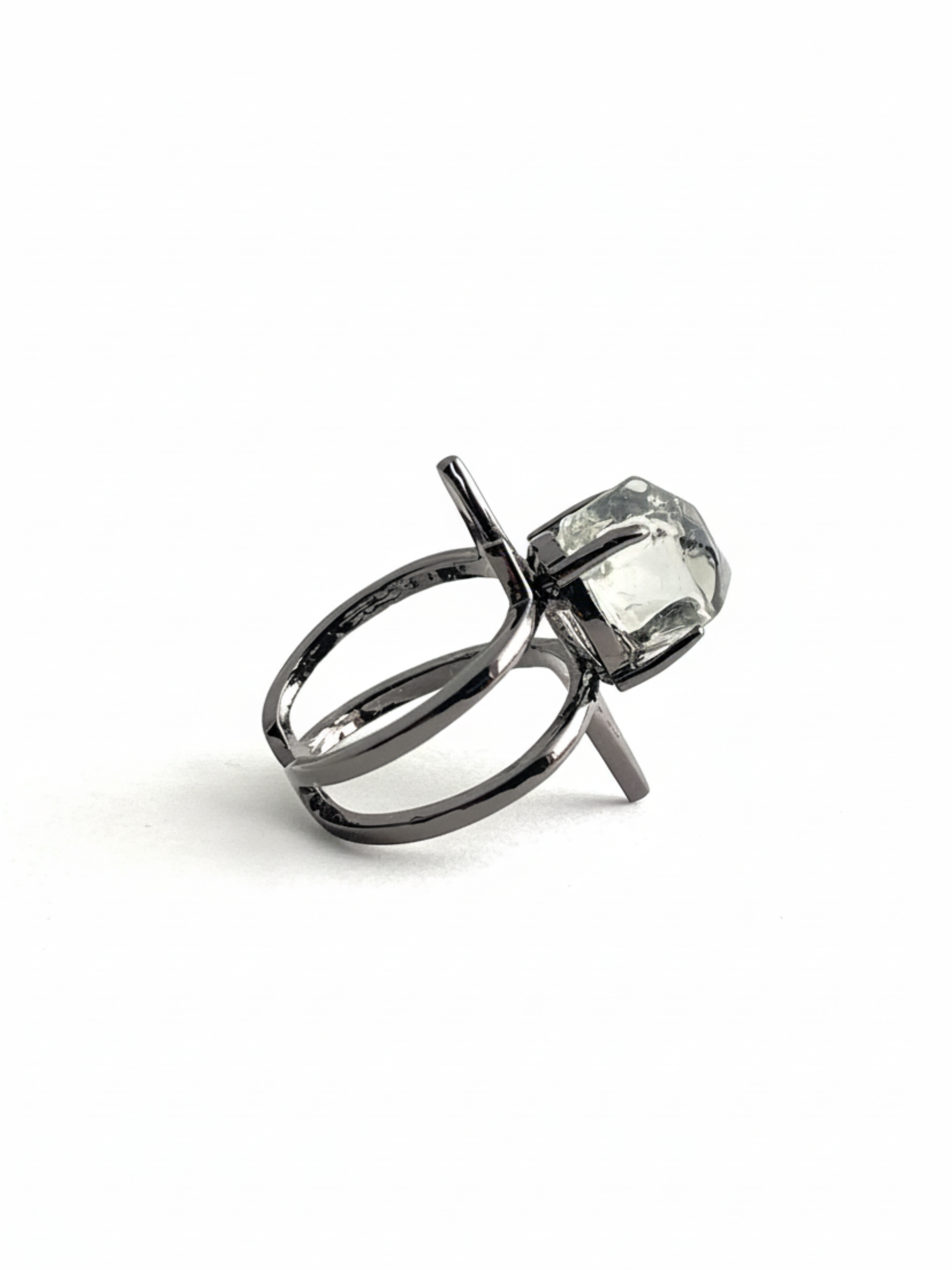 Side view of hand-cut Green Quartz ring in black rhodium setting