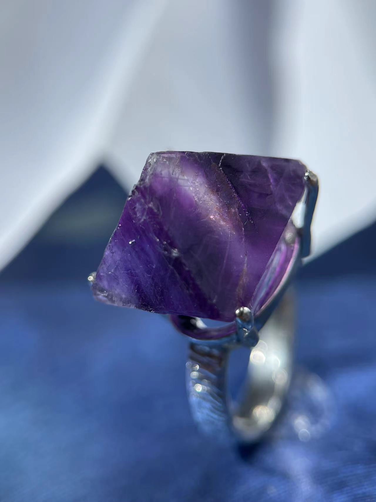 Purple Fluorite Octahedron Raw Ring