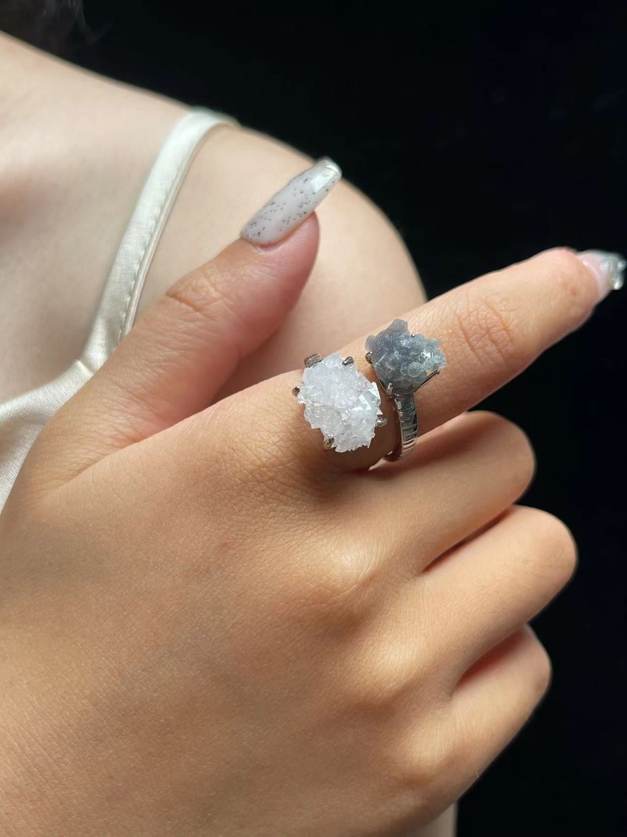 White Sugar Quartz & Grape Agate Twin Crystal Ring