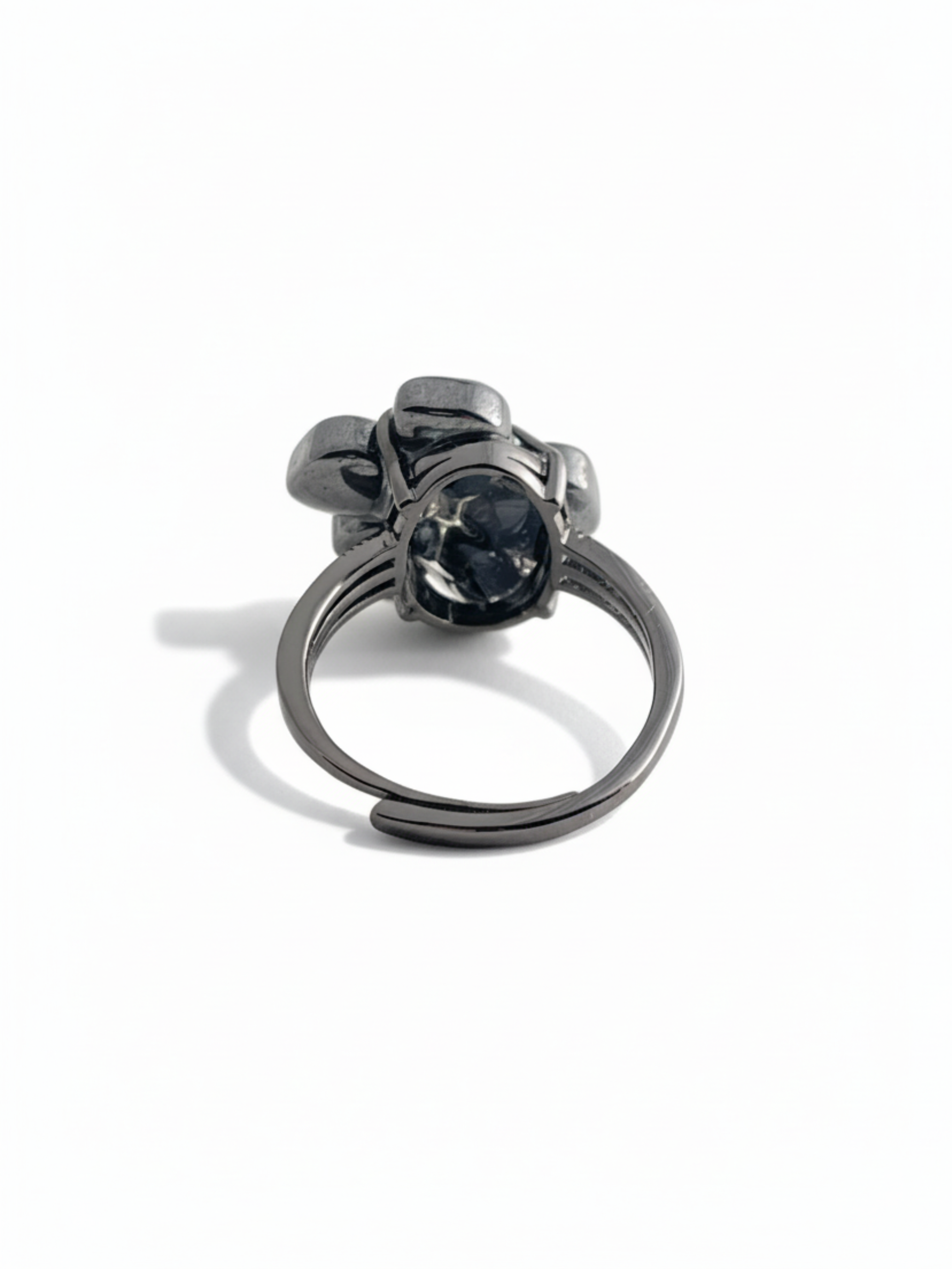 Back view of Hematite flower ring with Herkimer Diamond Quartz