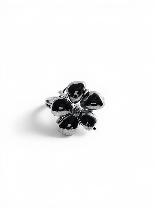 Hematite flower ring with Herkimer  Diamond Quartz front view