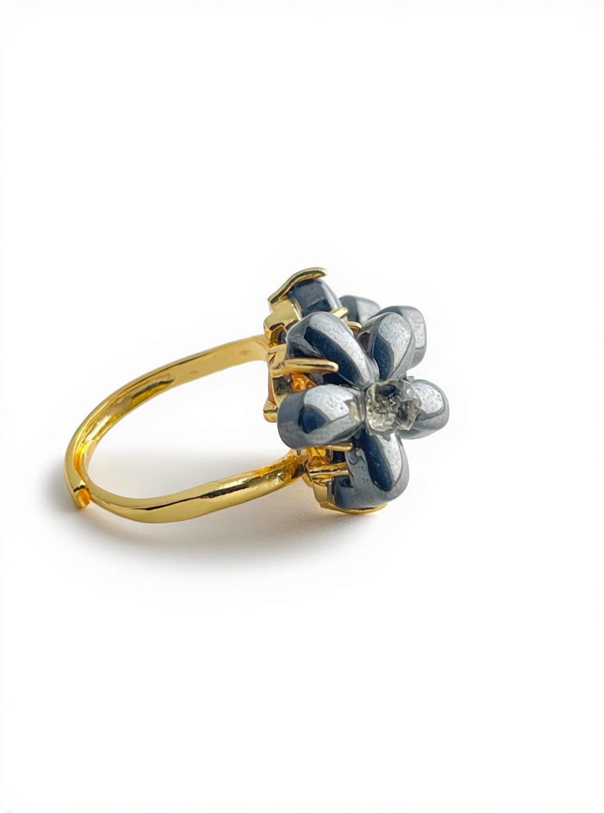 side view hematite blossom ring with herkimer quartz