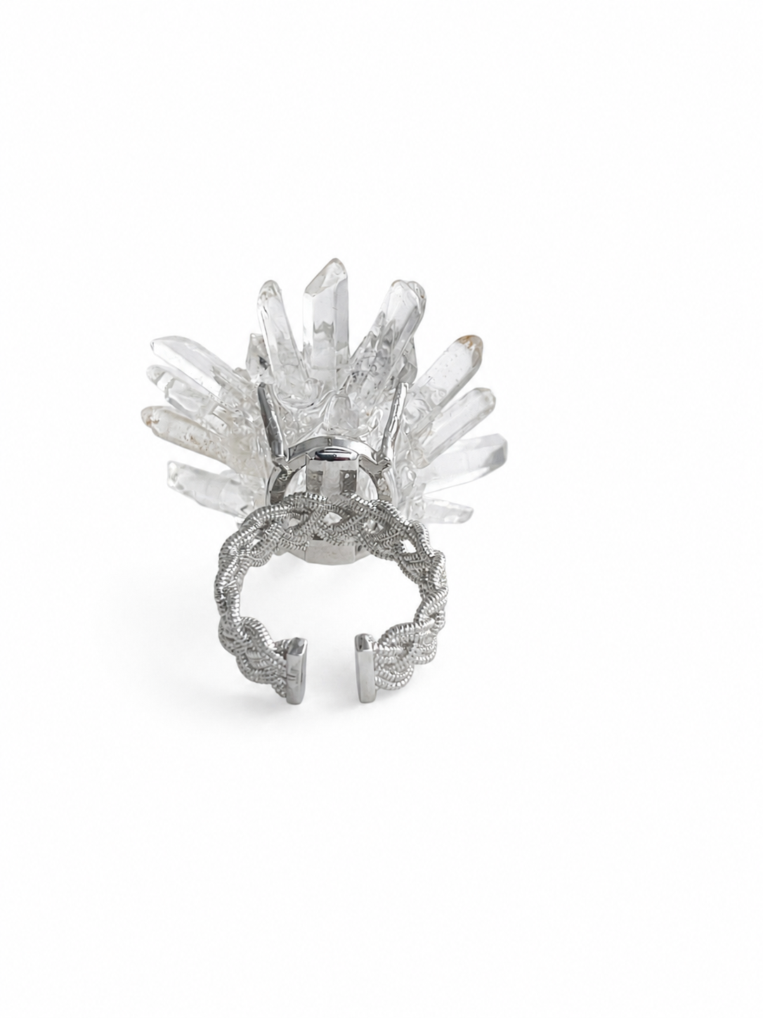 Back view of a Herkimer Diamond Quartz and Lemurian Quartz flower ring showing the crystal setting, open band, and silver tone finish