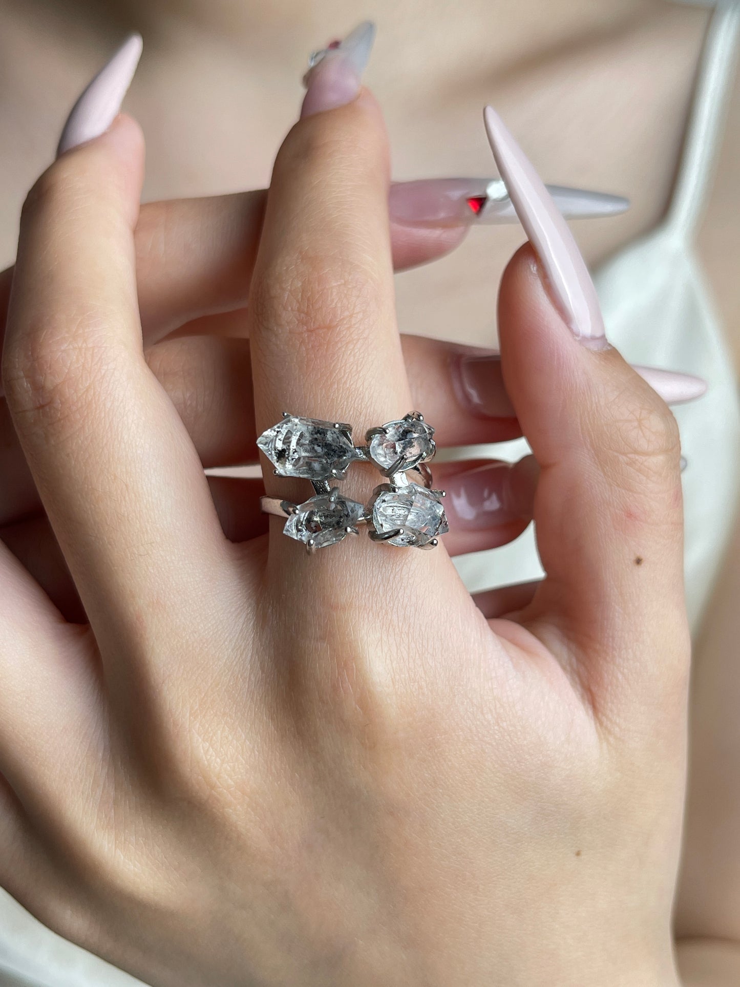 Herkimer Diamond Quartz four stone ring worn on hand