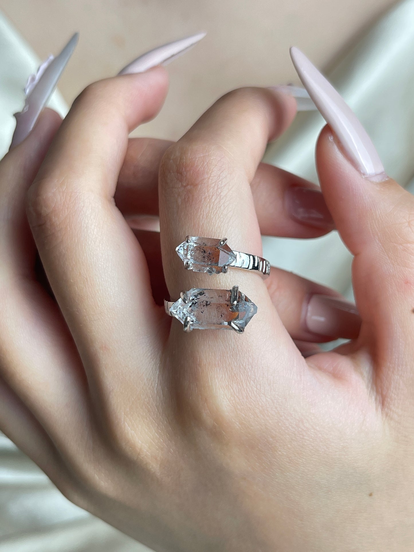 Herkimer Diamond Quartz twin stone ring worn on hand