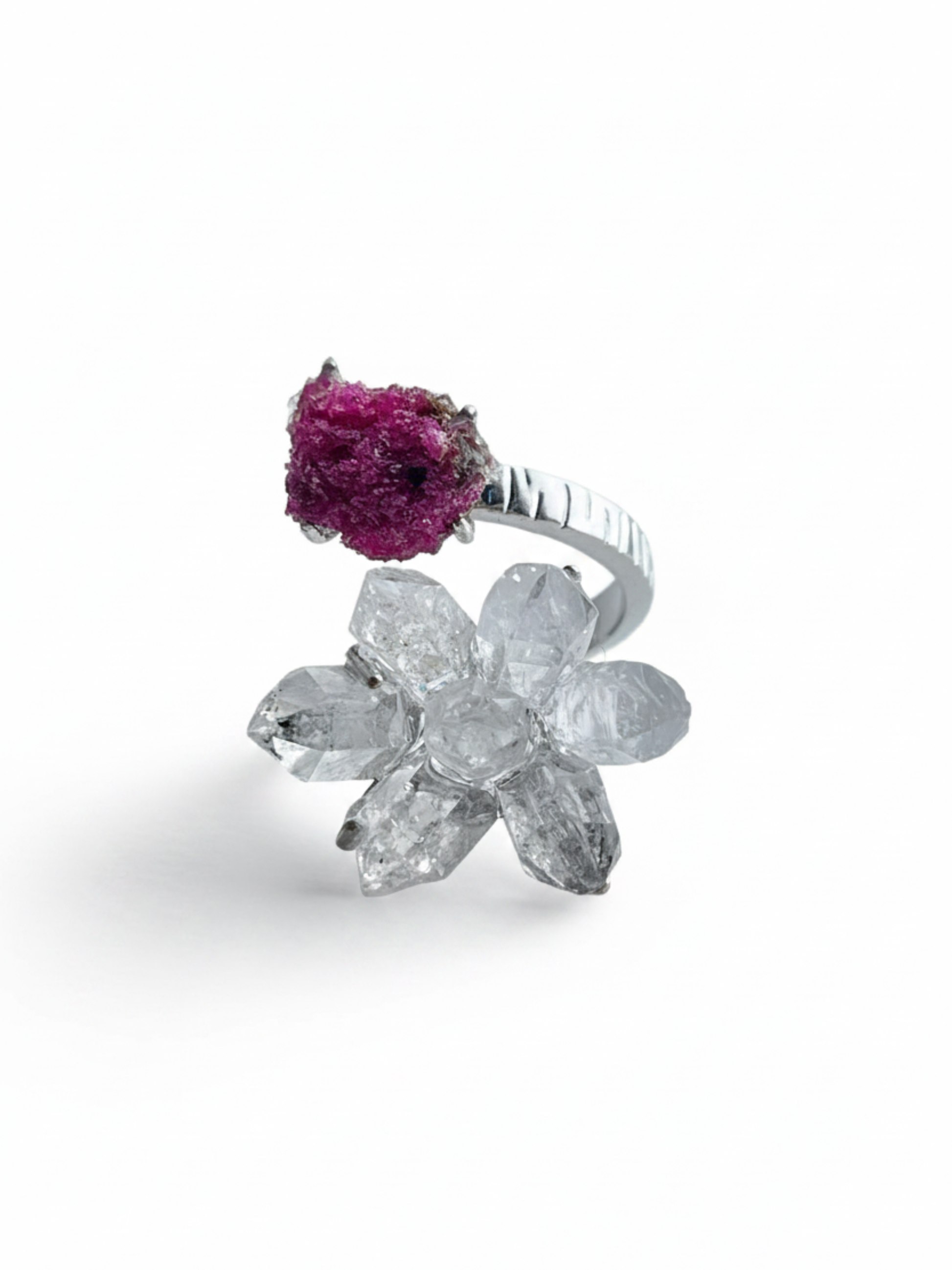 Herkimer Diamond Quartz and raw ruby ring front view