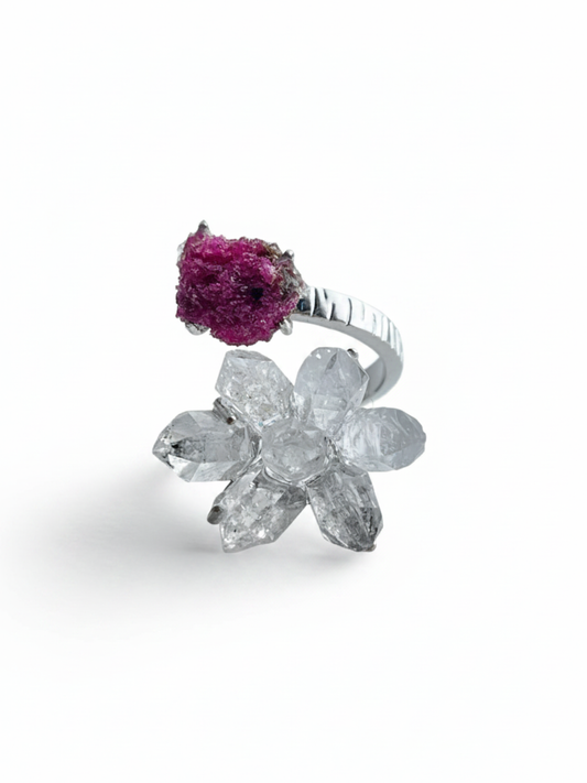 Herkimer Diamond Quartz and raw ruby ring front view