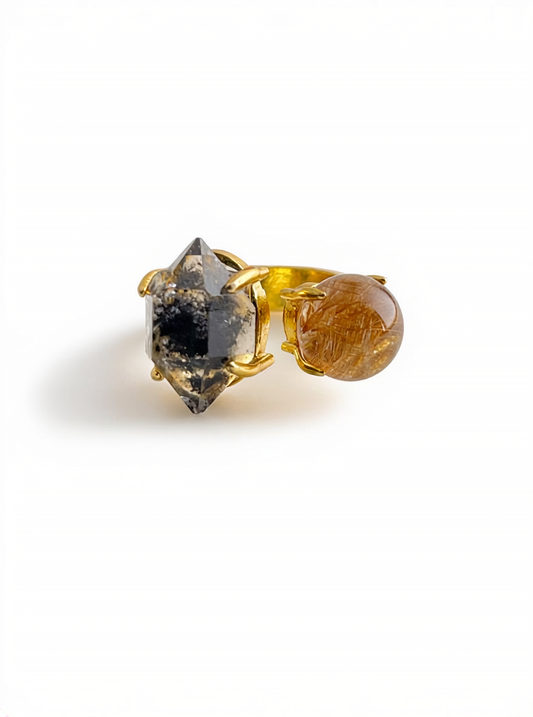 Herkimer Diamond Quartz and Copper Rutilated Quartz Ring front view by Oryssia