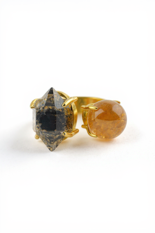 Herkimer Diamond Quartz and Copper Rutilated Quartz Ring front view by Oryssia