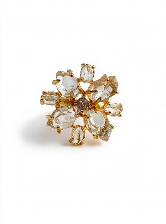 Herkimer Diamond Quartz snowflake ring front view in 18k gold plated finish