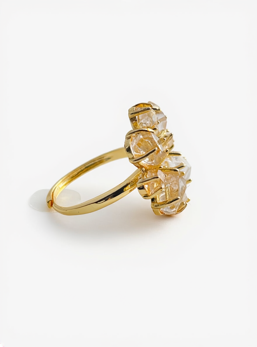 Side view of Herkimer Diamond Quartz snowflake ring with adjustable open band