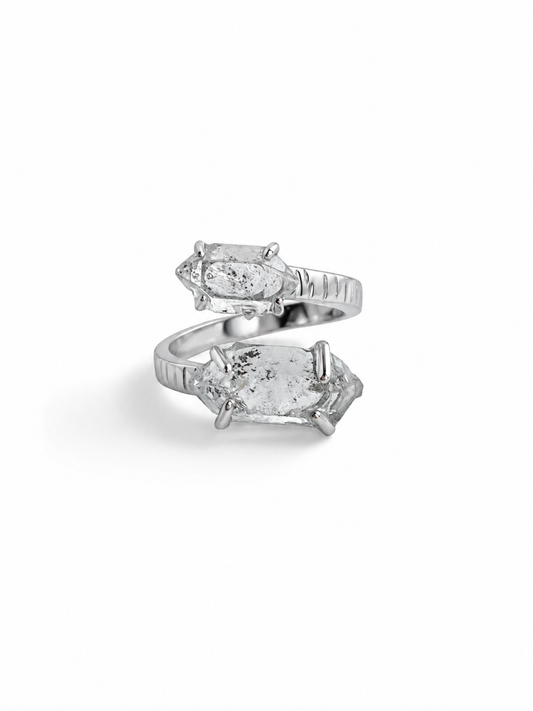 Herkimer Diamond Quartz twin stone ring front view