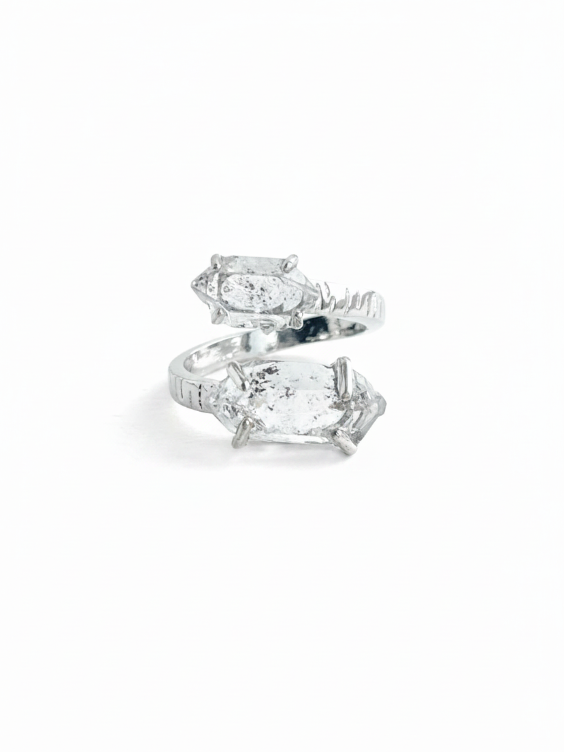 Herkimer Diamond Quartz twin stone ring front view