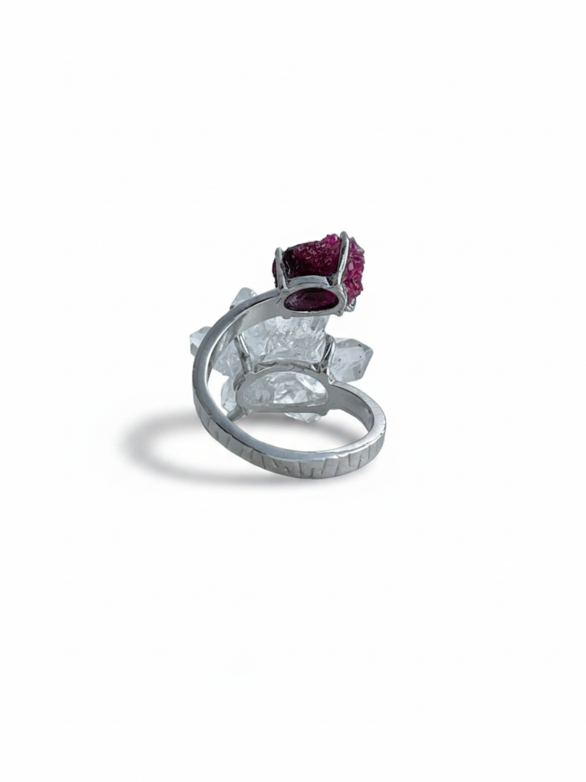 Back view of adjustable Herkimer Quartz ruby ring