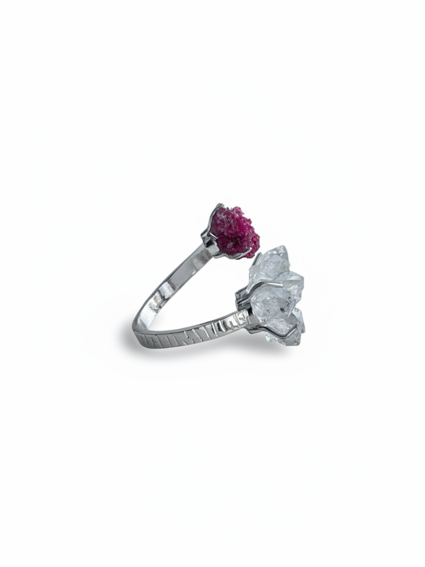 Side view of Herkimer Diamond Quartz and ruby ring