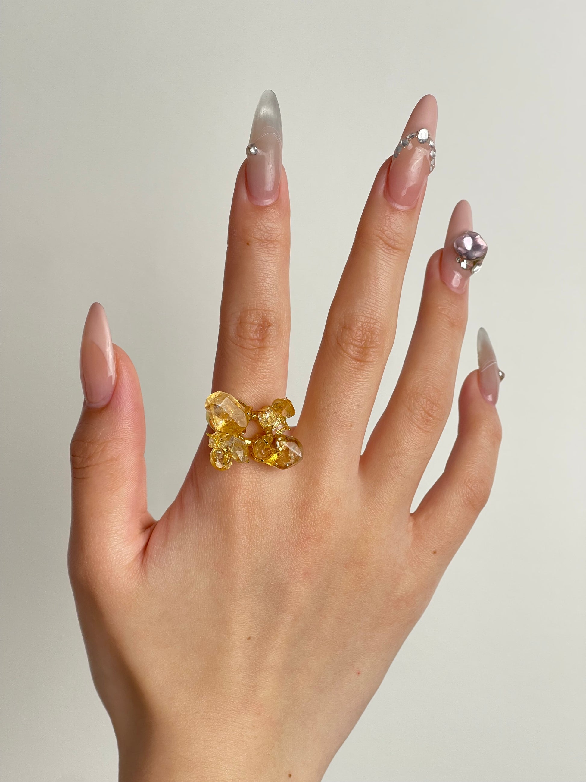 citrine herkimer diamond quartz crystal blossom ring worn on hand