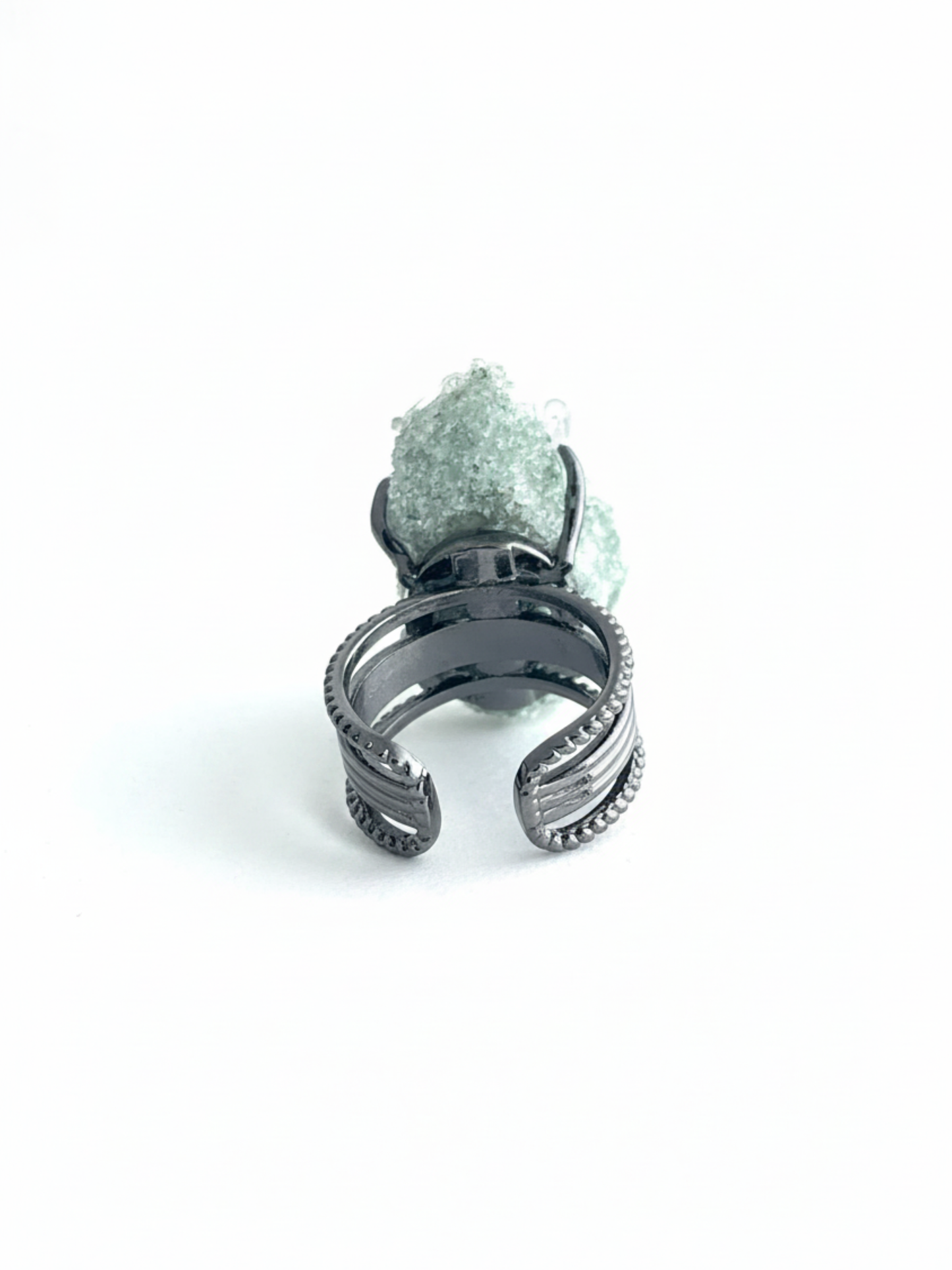 Back view of Himalayan Green Phantom Quartz cluster ring with raw crystal setting