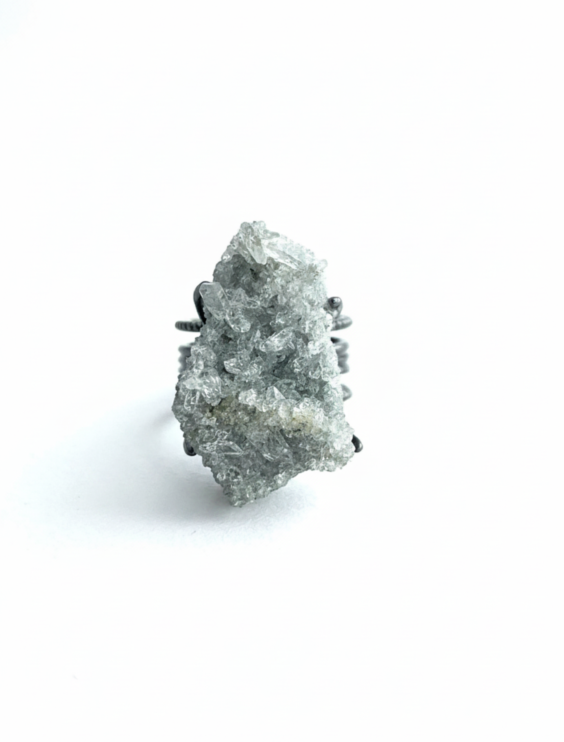 Front view of Himalayan Green Phantom Quartz cluster ring with natural chlorite inclusions