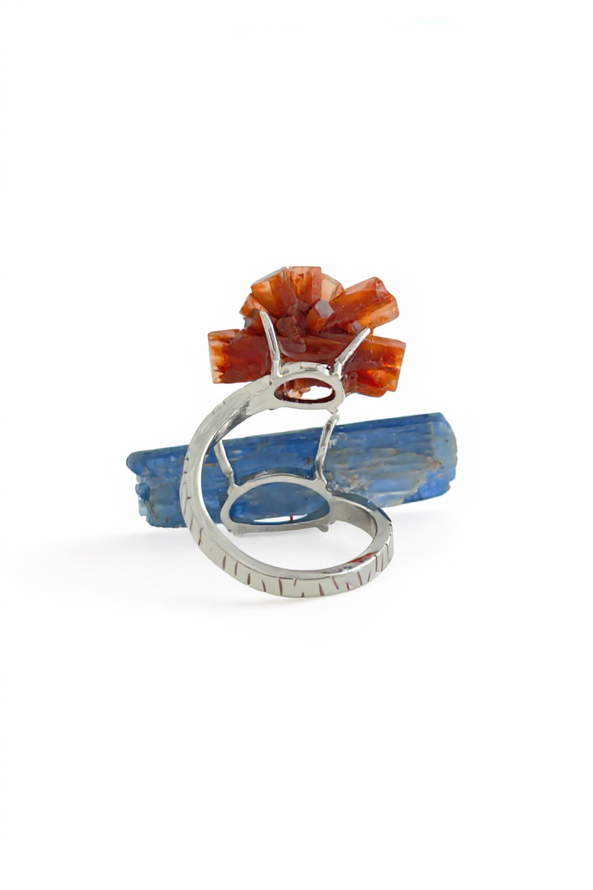 Back view of a Kyanite and Aragonite cluster ring showing the setting details, open band, and silver tone finish
