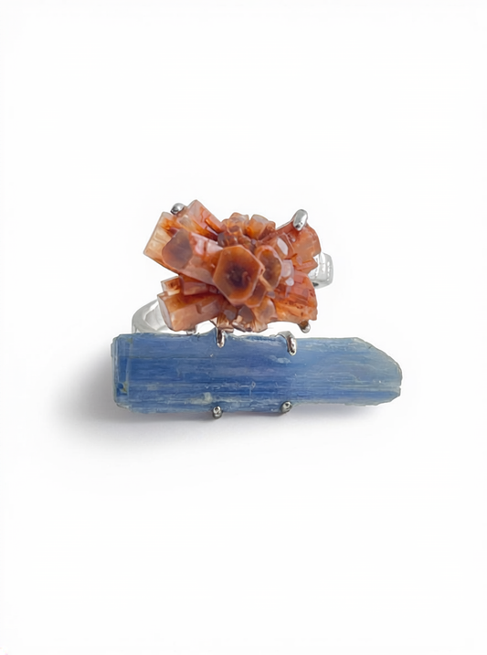 Kyanite and aragonite cluster raw crystal twin ring front view