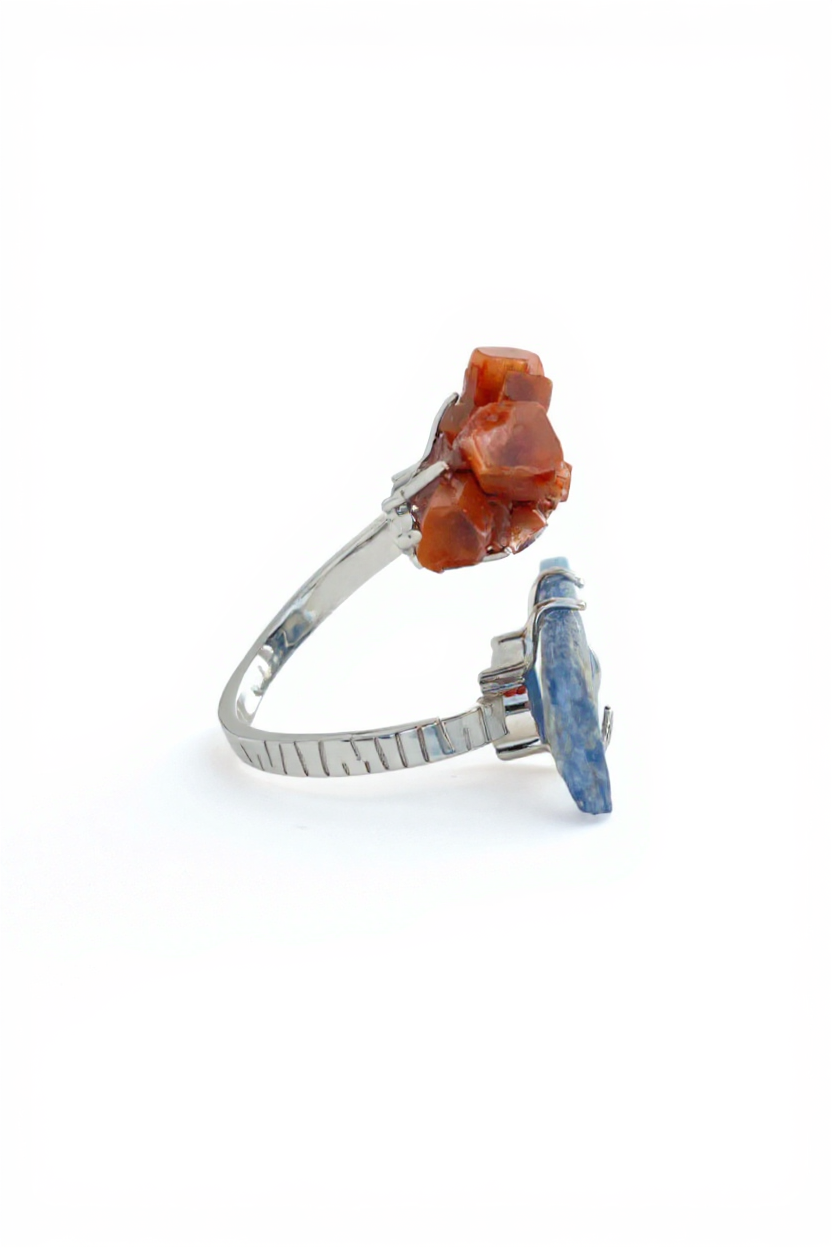 Side view of kyanite and aragonite cluster raw crystal ring