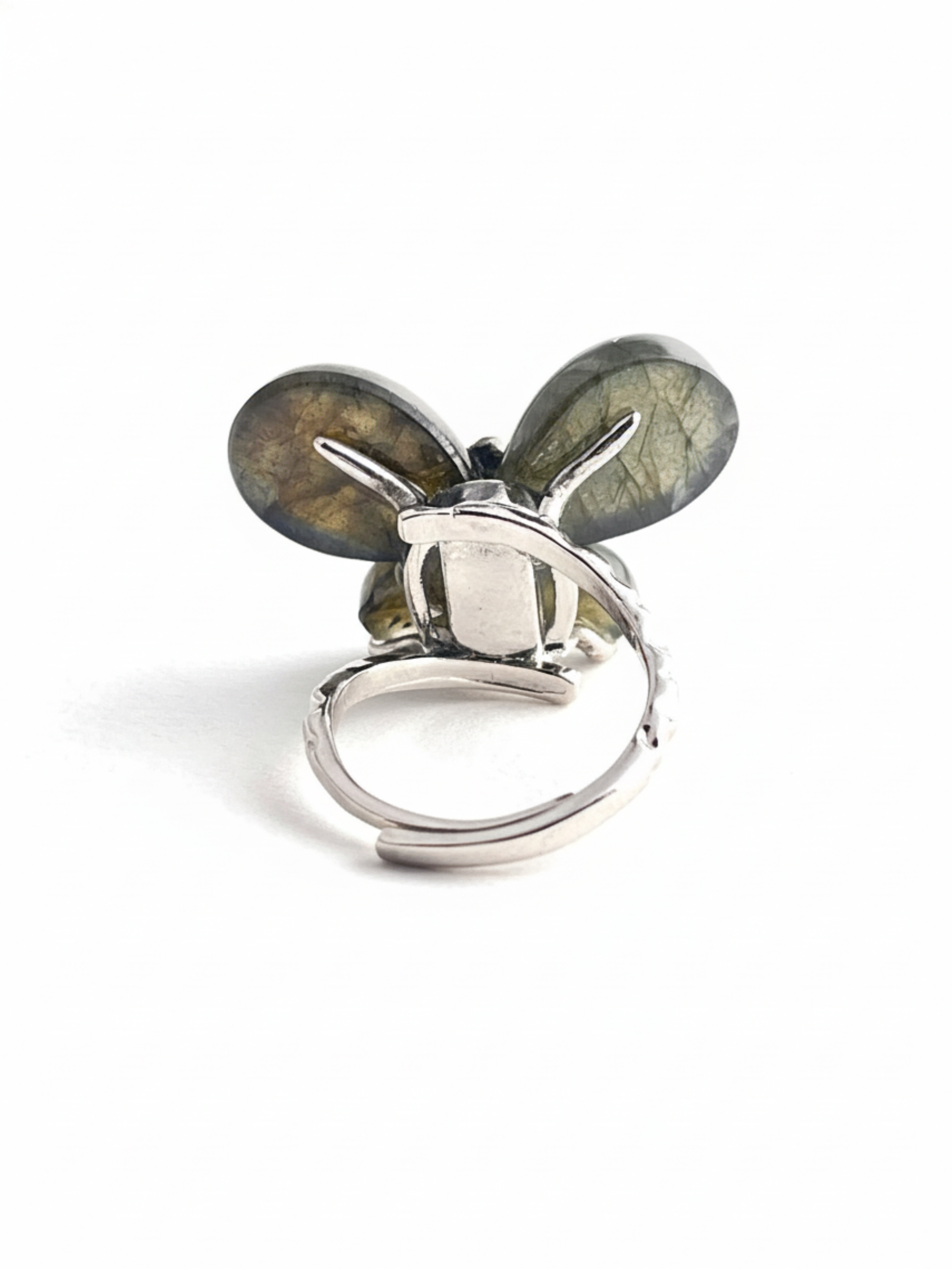 Labradorite Butterfly Ring with raw Chalcopyrite, back view