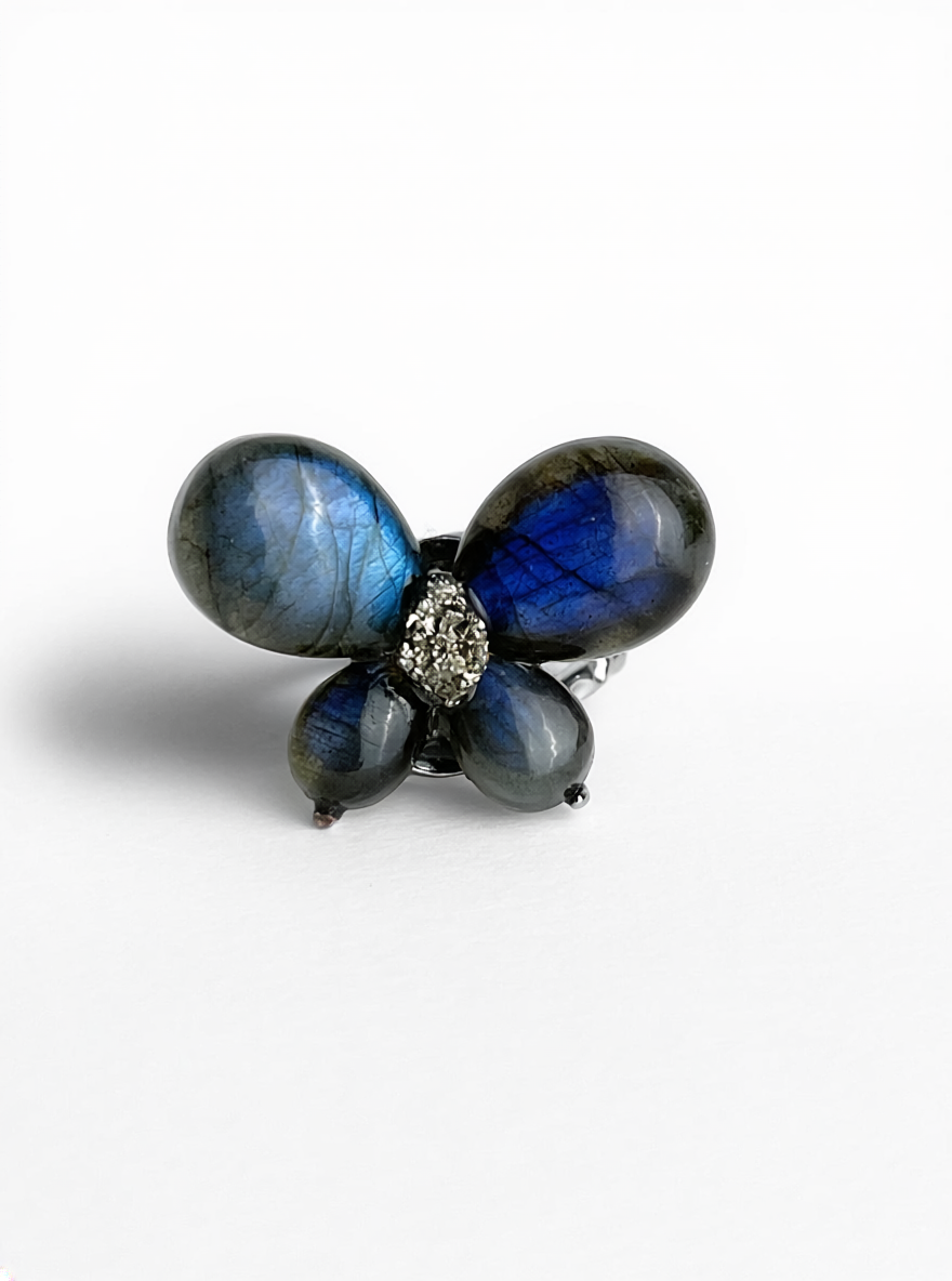 Labradorite Butterfly Ring with raw Chalcopyrite, front view