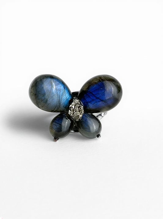 Labradorite Butterfly Ring with raw Chalcopyrite, front view