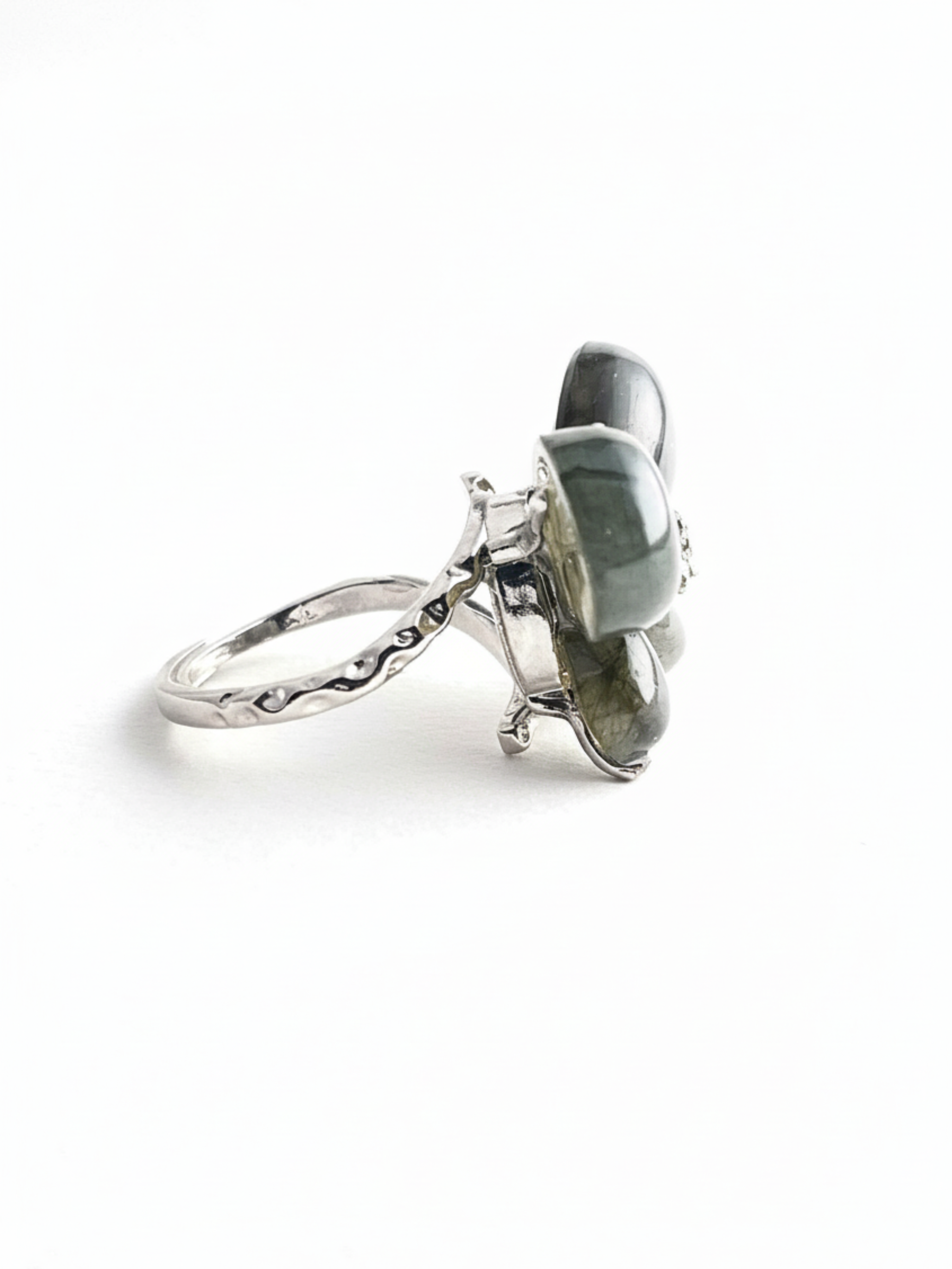 Labradorite Butterfly Ring with raw Chalcopyrite, side view