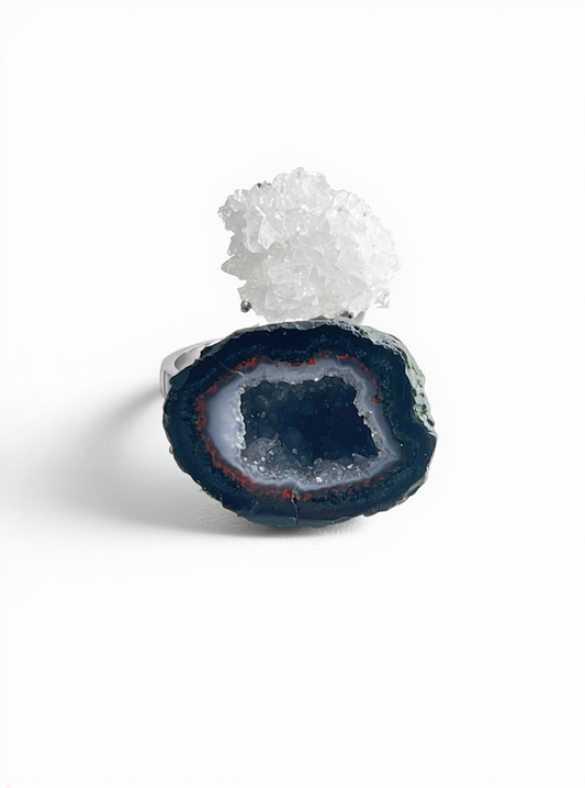 mexican geode and apophyllite mineral specimen ring front view
