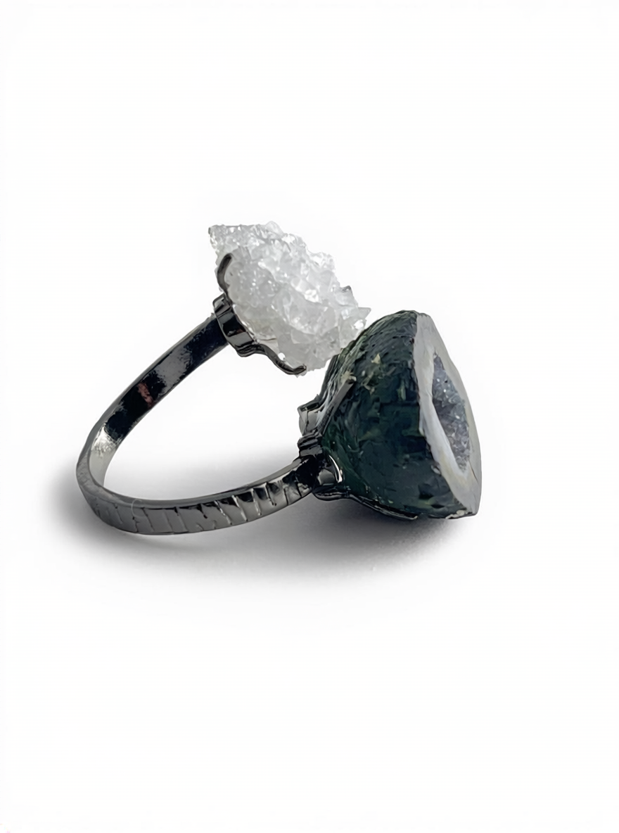 mexican geode and apophyllite mineral specimen ring side view