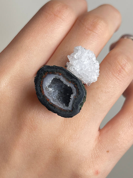 Close up of Mexican geode and apophyllite mineral specimen ring worn on hand