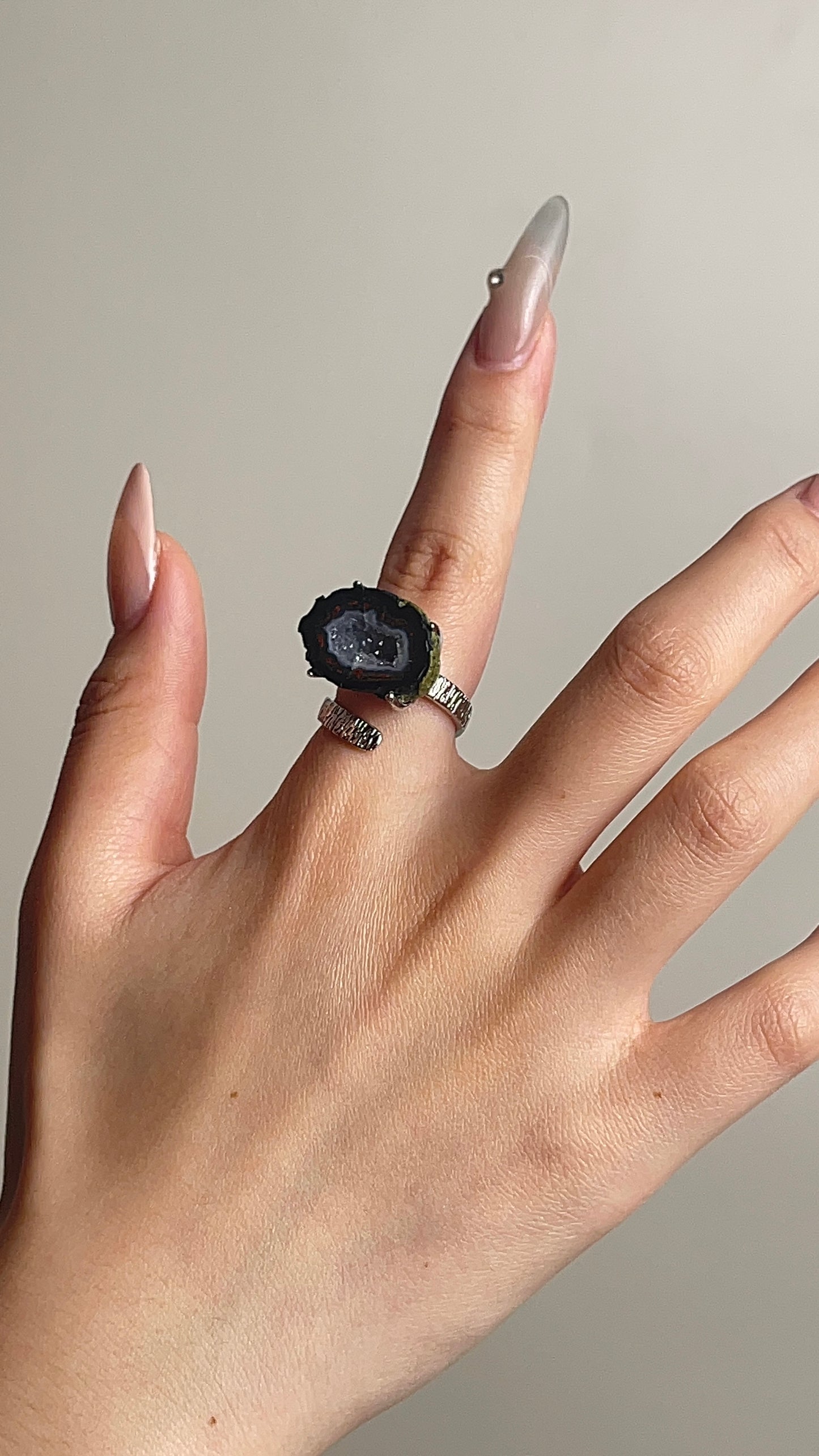 mexican crystal geode ring worn on hand