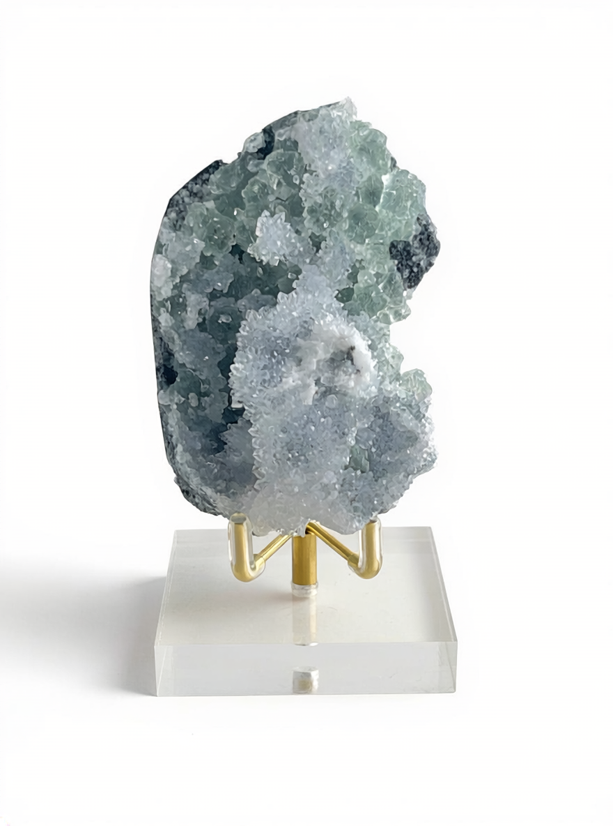 mint green fluorite with quartz cluster from Fujian China front view