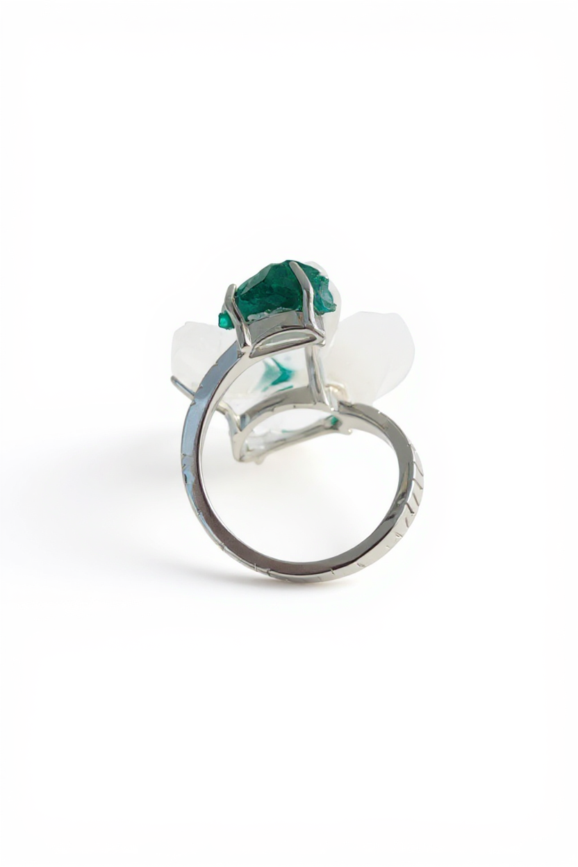 Back view of Moonstone and Dioptase crystal flower ring