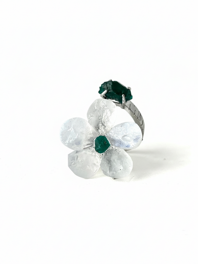Moonstone and Dioptase crystal flower ring front view