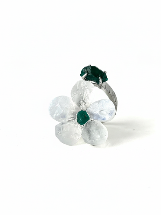 Moonstone and Dioptase crystal flower ring front view