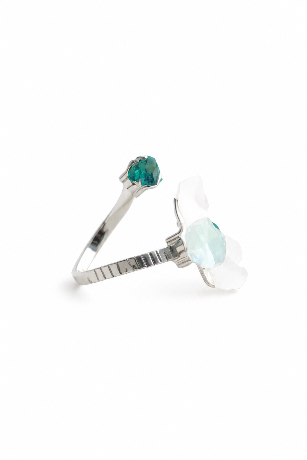 Side view of Moonstone and Dioptase crystal flower ring